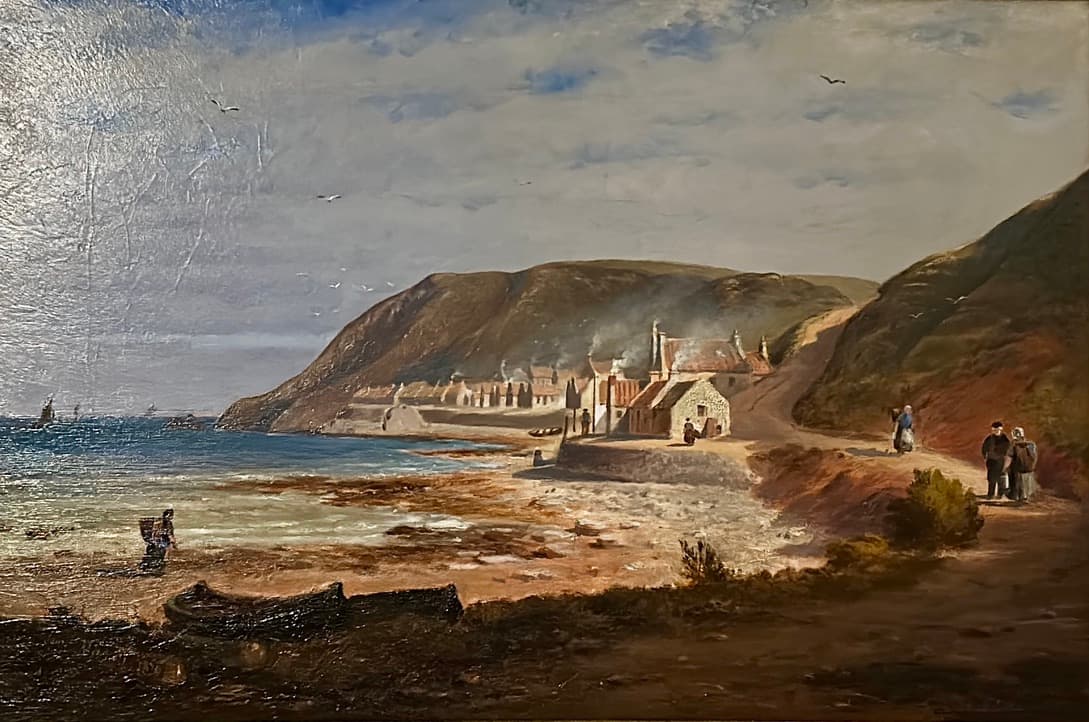 A painted view of the village and shore beneath the cliffs
