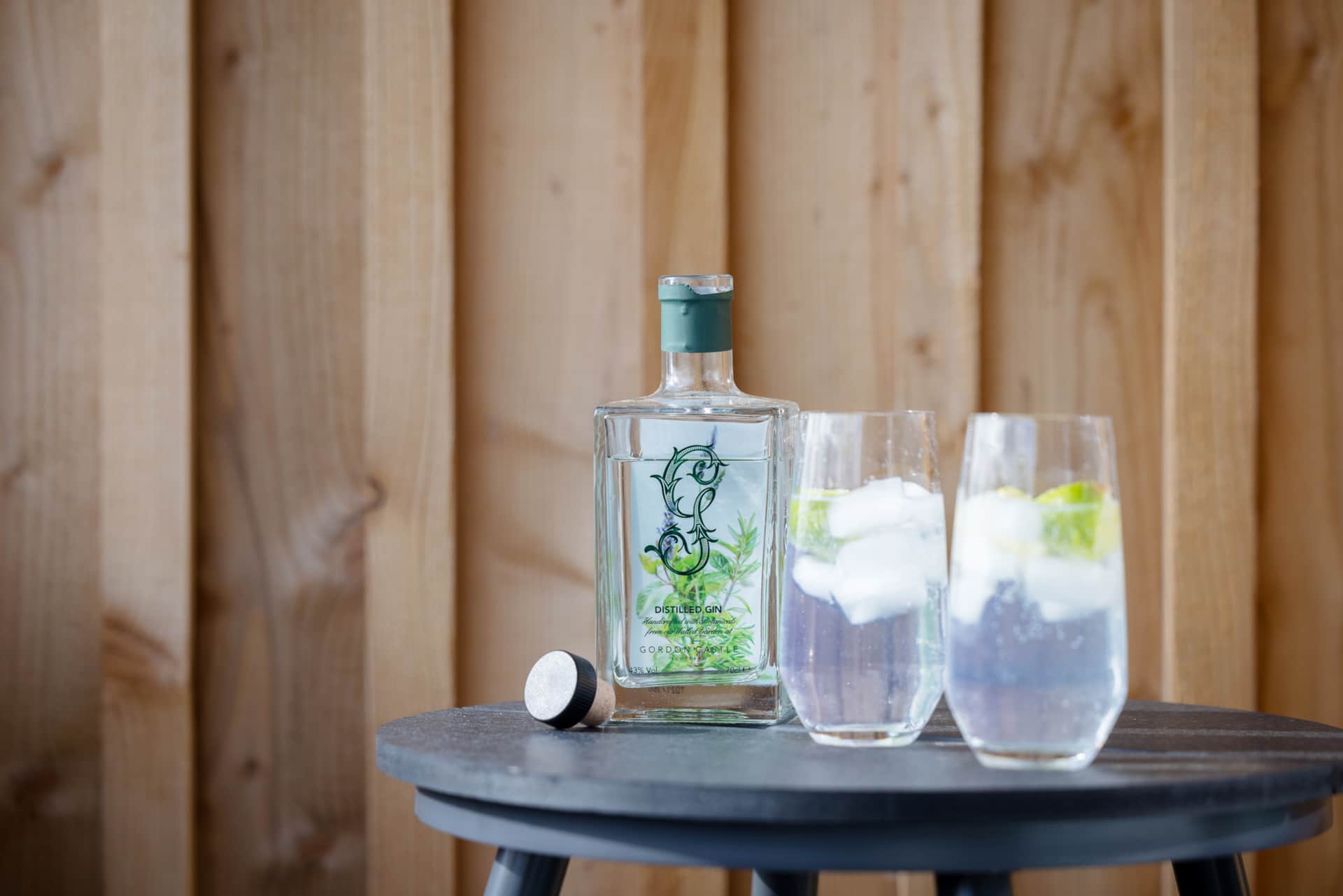 Gin and tonic with a wood-panelled backdrop