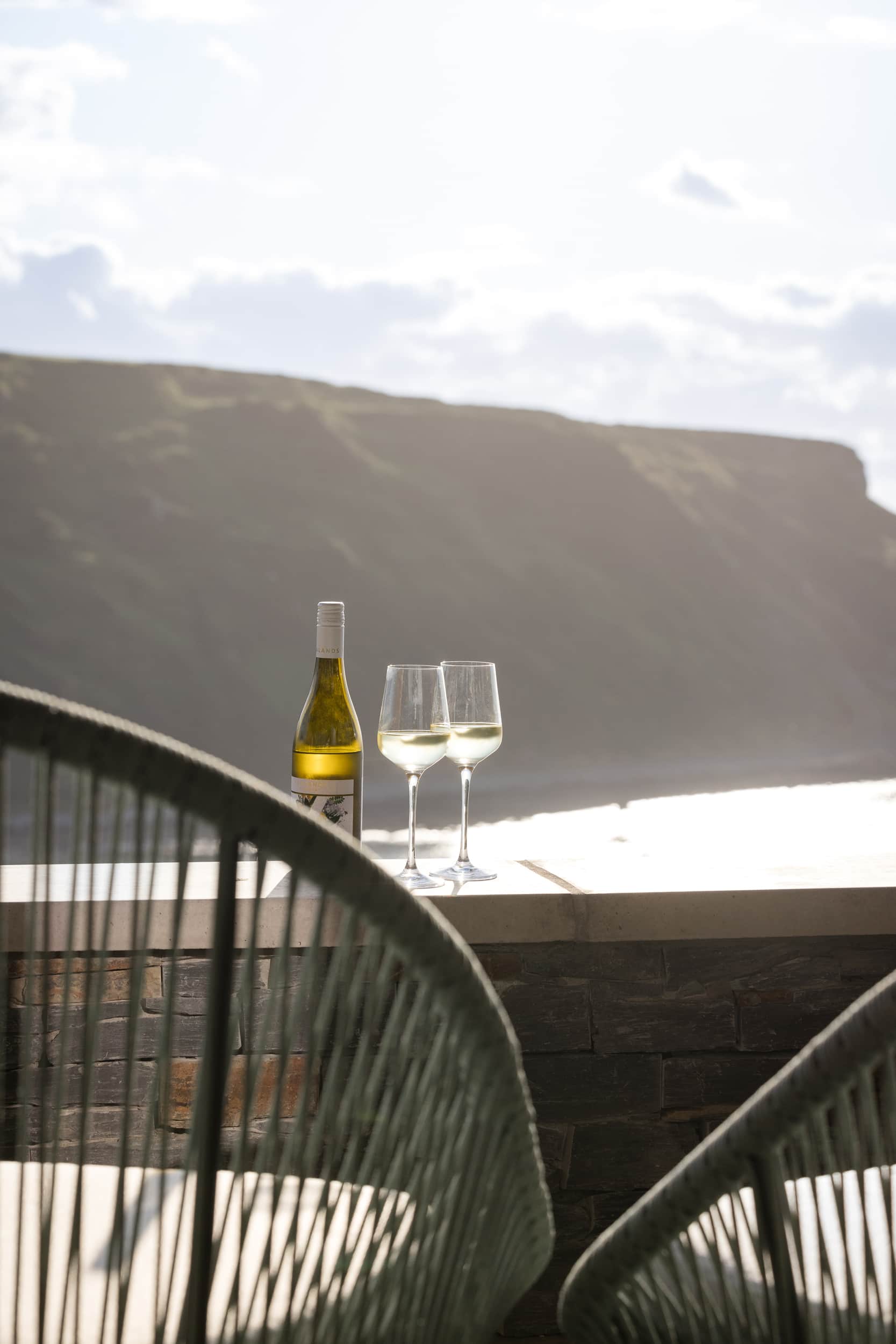 White wine on the terrace overlooking the cliffs