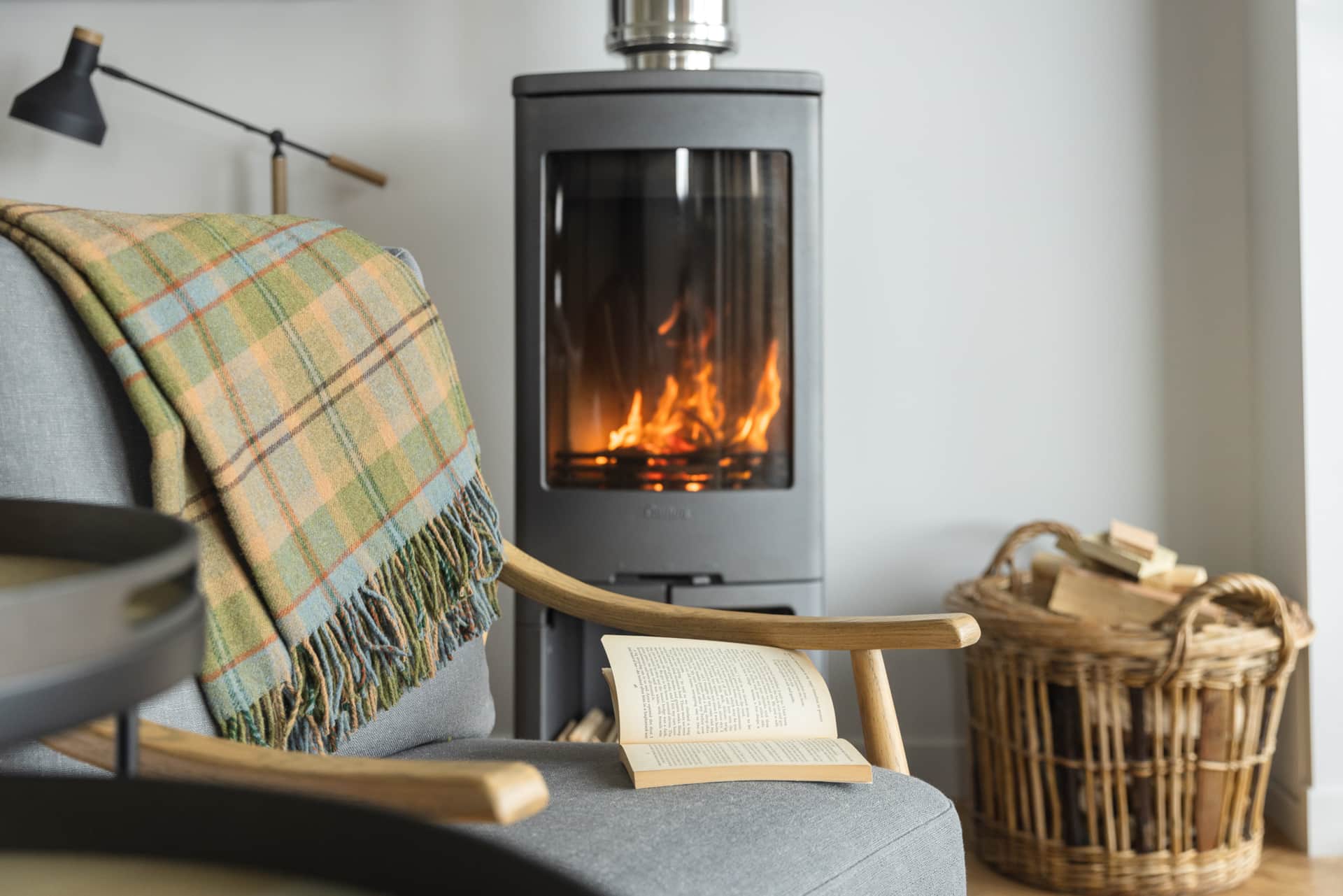 Log burner and armchair